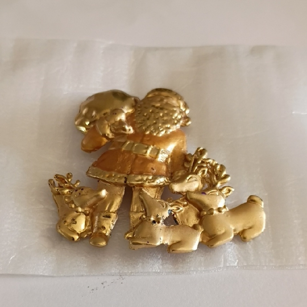 Gold Color Santa and Reindeer Large Brooch Christmas Holiday